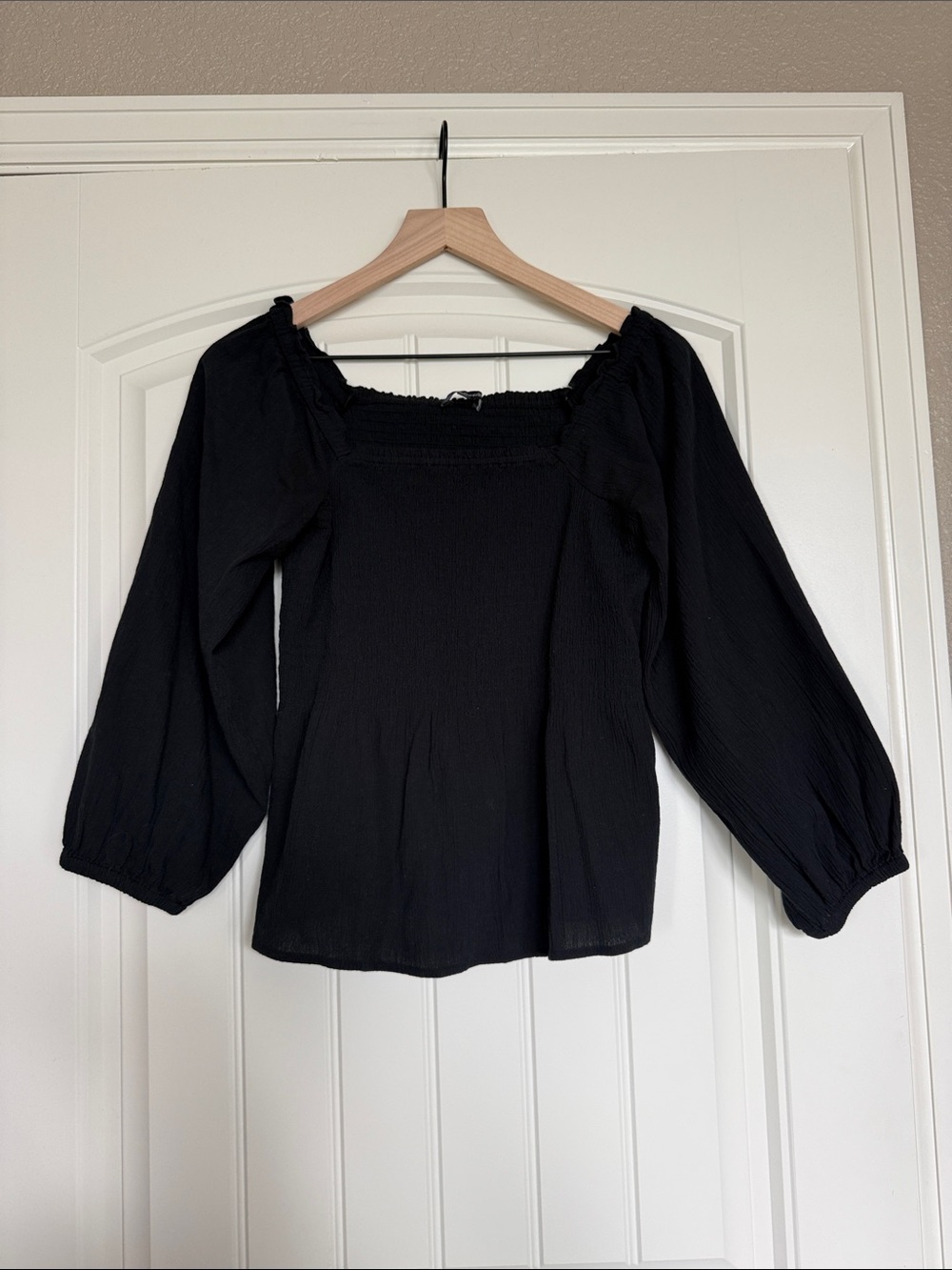 Madewell Lucie Black Long-Sleeve Smocked Square-Neck Women’s Top XS 0